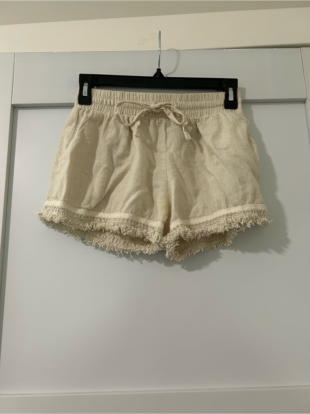 Women's Cream Fringe Drawstring Athletic Shorts